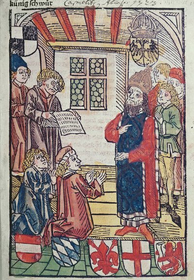 Der König der Römer, Sigismund von Luxemburg, empfängt die Huldigung von Herzog Friedrich von Österreich, 1483 von Ulrich von Richental